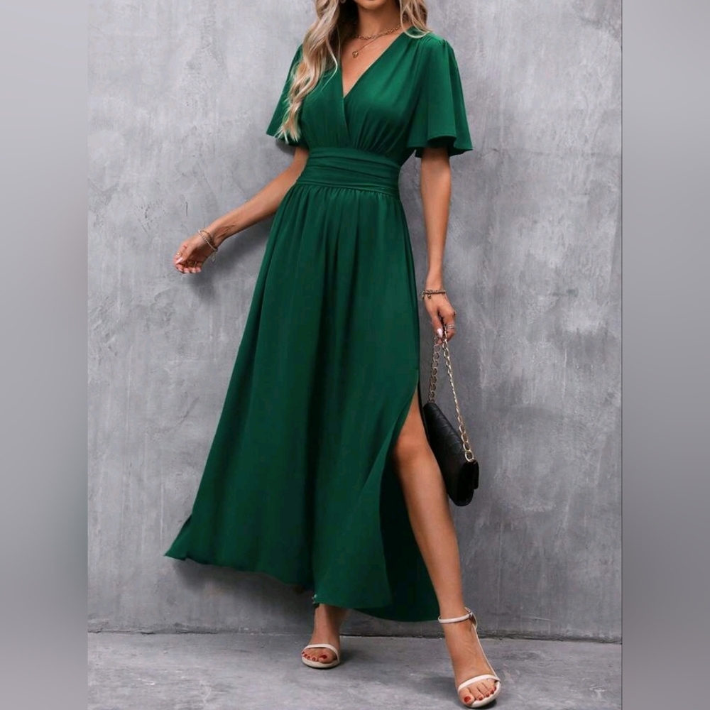 NEW Chic Ruched Waist Flutter Sleeve Maxi Dress Dark Green